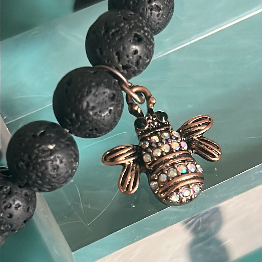 Lava Stone Diffuser Bead Bracelet with Charming Bronze Rhinestone Bee Charm